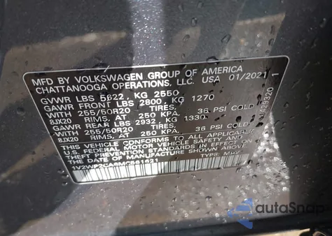 2021 Volkswagen Atlas 2.0T Se W/Technology z USA, uszkodzony, nr VIN 1V2WP2CA6MC561621